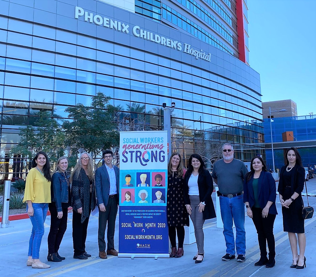 Social workers standing in front of Phoenix Children's Hospital for Social Work Month 2020